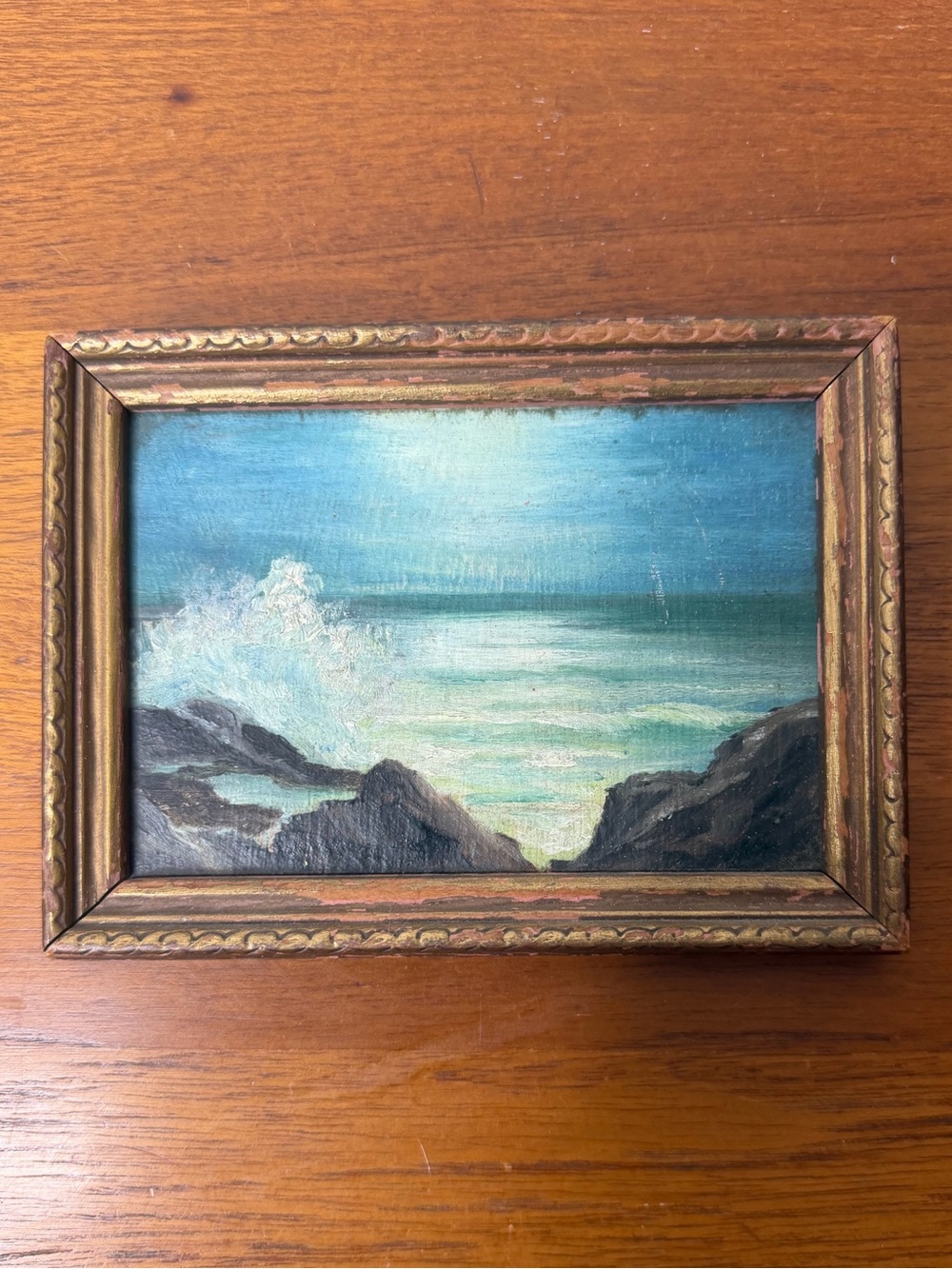 Vintage Landscape Oil Painting Ocean Waves Rocks Hand Carved Frame